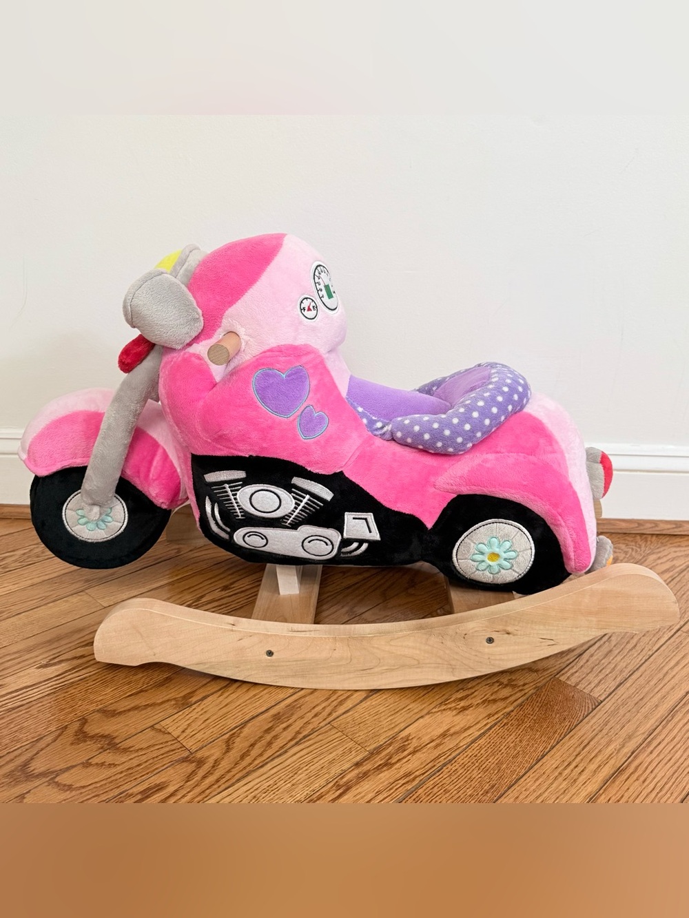 Rockabye Lil Biker Motorcycle Musical Plush Wooden Pink Rocker Baby Toddler New